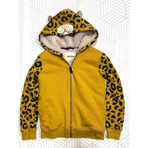 Mini Boden Kids size 7-8Y Sherpa Lined Leopard Hoodie Cozy Warm Jacket Zip EUC